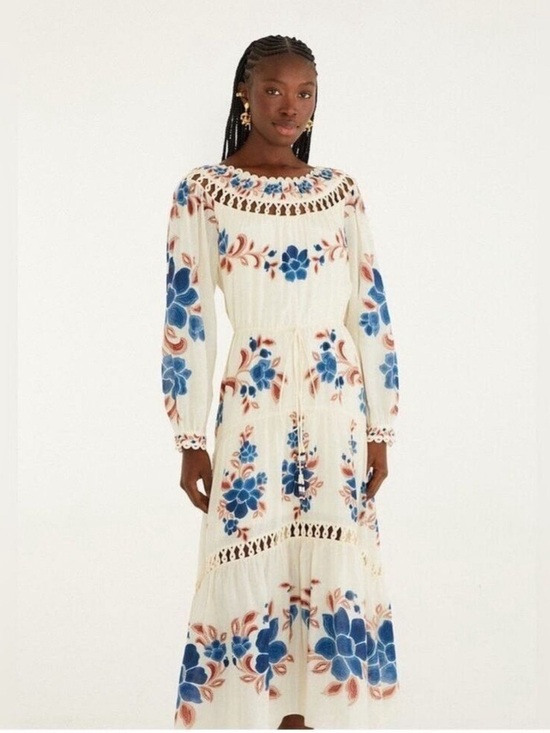 FARM Rio Dresses & Skirts - FARM Rio Cream Maxi Dress with Blue and Tan Floral Print
